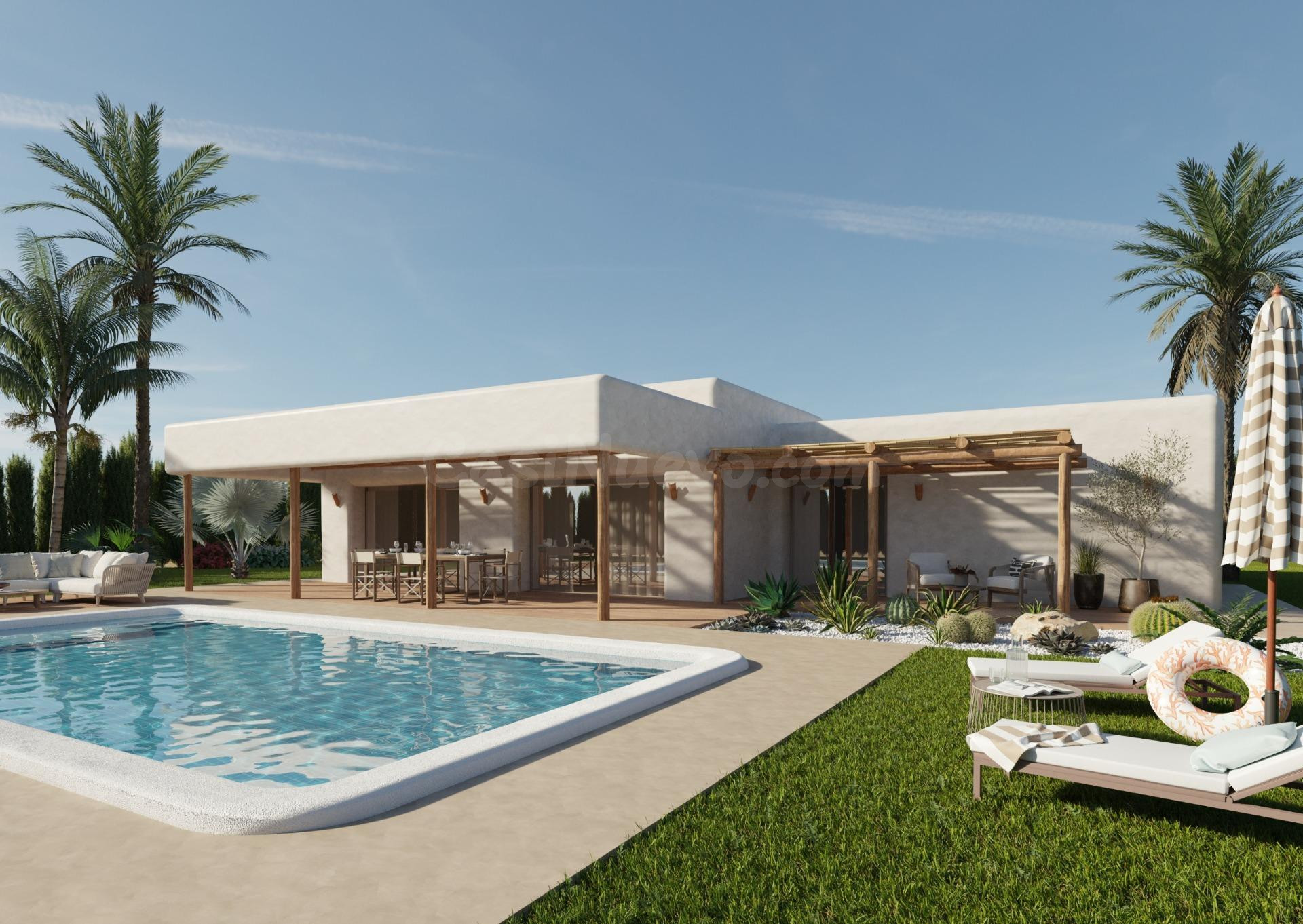 Villa de 2 dormitorios de estilo ibicenco con piscina privada a la venta en Pinoso, Alicante
