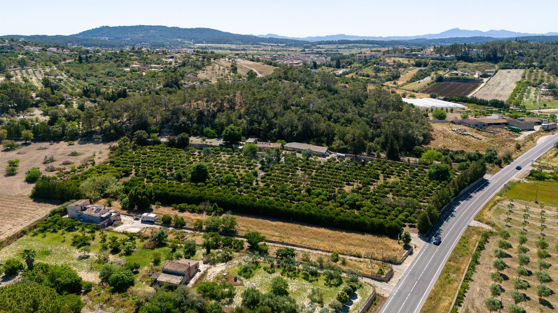 Finca rústica con vistas panorámicas y naranjos en producción en el corazón de Mallorca.