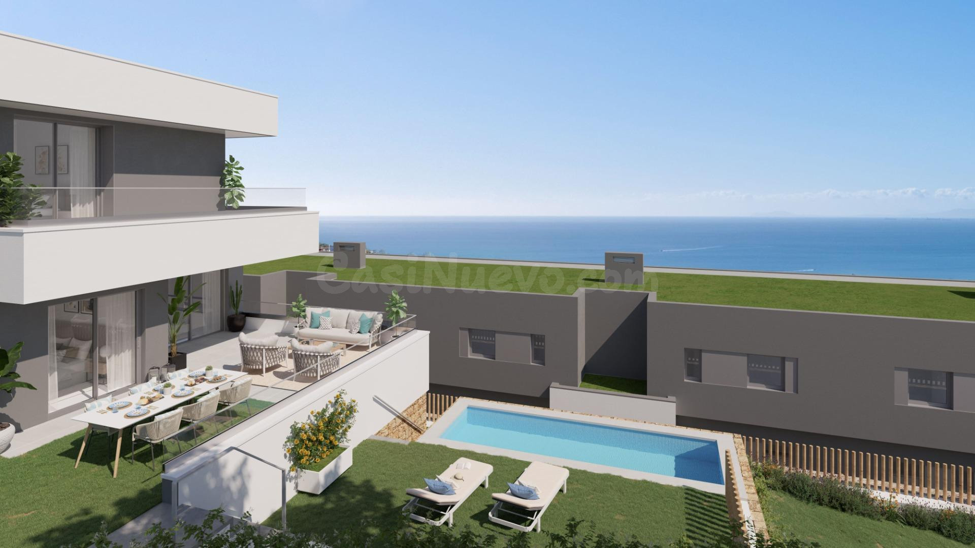 Adosado esquina de 3 dormitorios, 3 baños, jardín, piscina y vistas al mar. Manilva
