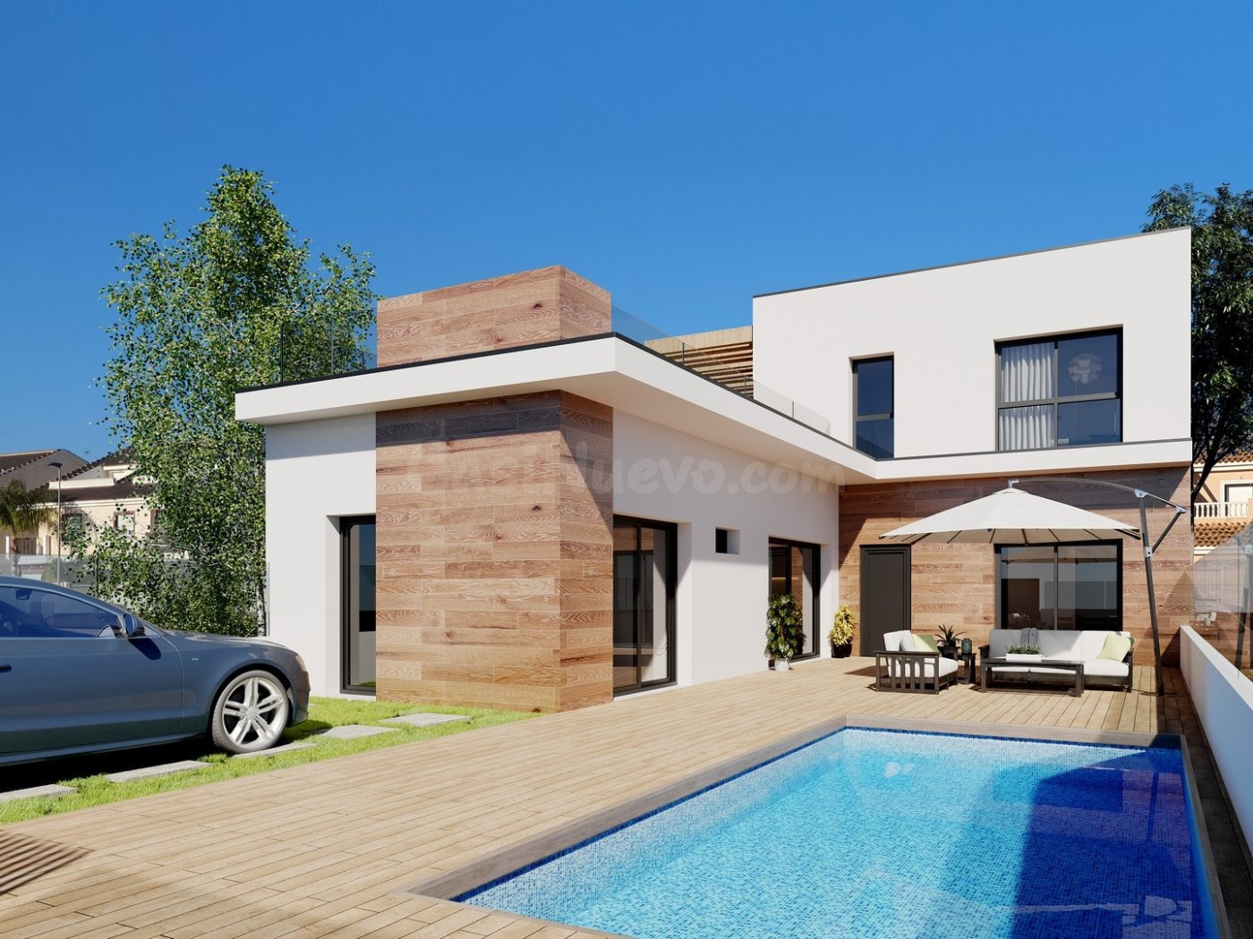 Chalet dosado de nueva construcción con 3 dormitorios y piscina privada a la venta en San Javier