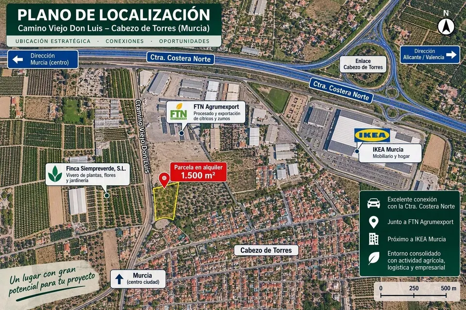 Terreno vallado 1.500 m2 en cabezo de torres – junto a la costera norte | 450 €/mes