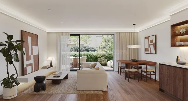 Planta baja de dos habitaciones con piscina comunitaria en E