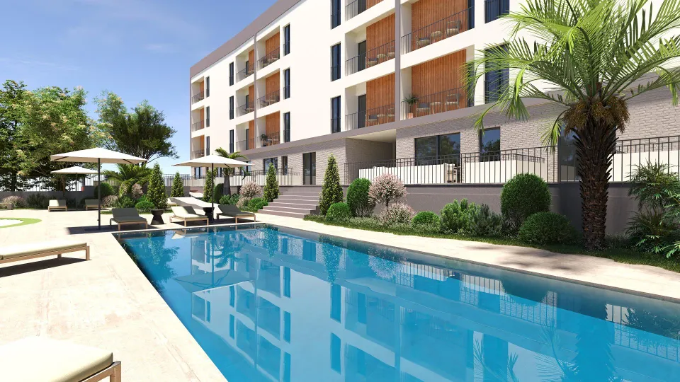 Obra Nueva 2ºB Escalera IV con jardines y piscina en zonas comunes, con terraza y balcón dando a la piscina
