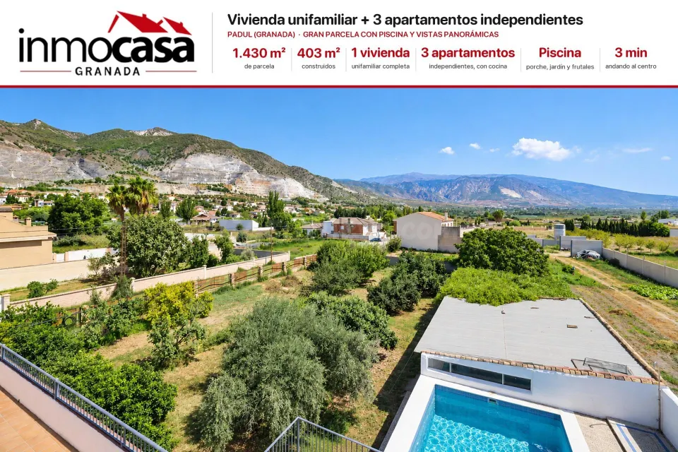 GRAN PARCELA CON VIVIENDA UNIFAMILIAR, 3 APARTAMENTOS, PISCINA Y VISTAS PANORÁMICAS EN PADUL (GRANADA) — 1.430 m2 DE TERRENO