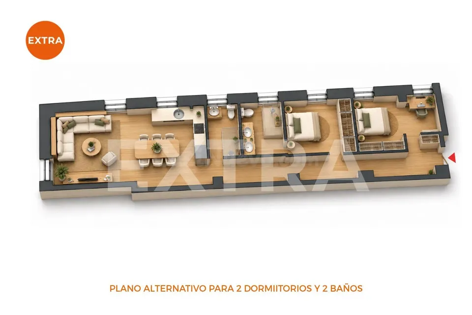 87 m2 exteriores junto a Orense, con propuesta de redistribución a 2 dormitorios y 2 baños