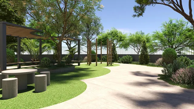 Obra Nueva Vivienda Planta Baja tipo A Escalera IV con jardines y piscina en zonas comunes, le corresponde una terraza de uso exclusivo de 16,13 m2 dando a la piscina — 13
