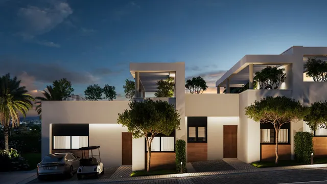 El proyecto está compuesto por 63 viviendas adosadas y pareadas de 2 y 3 dormitorios  ubicado en el prestigioso entorno de Cerrado del Águila, en Mijas Costa — 33