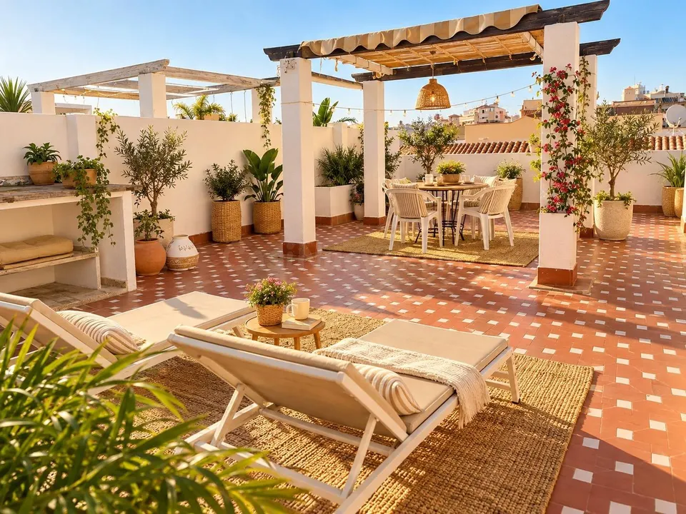 Bungalow alto orientado al sur con gran solárium privado a tan sólo 750 metros de la playa