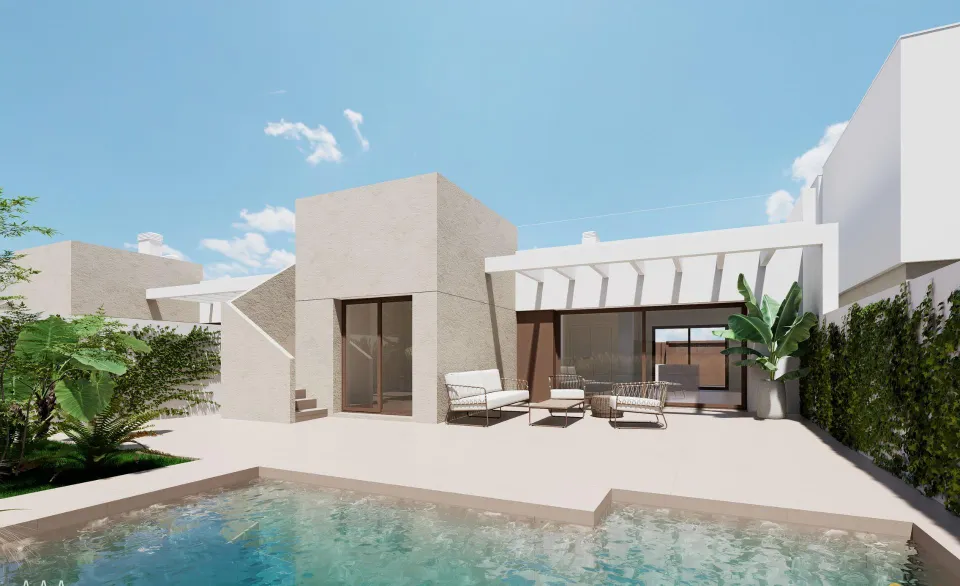 Villa de nueva construcción de una planta con 3 dormitorios y solarium en Los Alcazares.