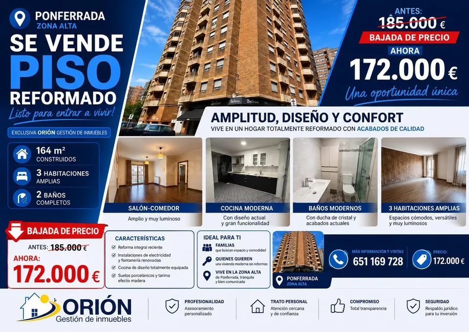 SE VENDE EXCLUSIVO PISO EN ZONA ALTA DE PONFERRADA