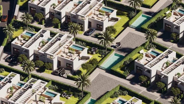 El proyecto está compuesto por 63 viviendas adosadas y pareadas de 2 y 3 dormitorios  ubicado en el prestigioso entorno de Cerrado del Águila, en Mijas Costa — 35